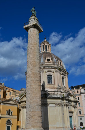 An exterior view of the architectural detail of a religious church building in the city or Rome in Italyの写真素材