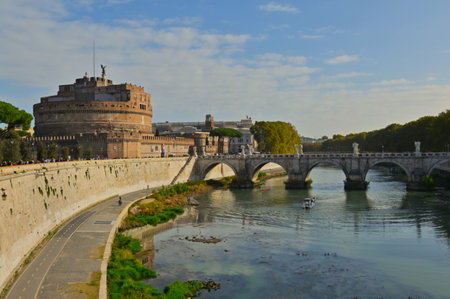 An exterior view of the imposing Castel Sant Angelo which sits on the river Tiber in the city of Rome in Italy.の写真素材