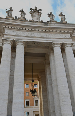 An exterior view of the architectural detail of a religious church building in the city of Rome in Italyの写真素材