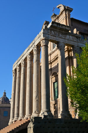 A view of the historic Roman ruins of structures and buildings in the city of Rome in Italy.の写真素材