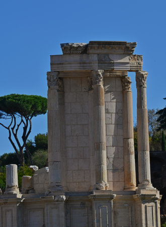 A view of the historic Roman ruins of structures and buildings in the city of Rome in Italy.の写真素材