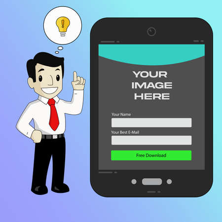 Landing Page with Businessman having brilliant idea and tablet suggesting Free material downloadのイラスト素材