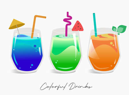 Selection of three kinds of gin tonic: with blackberries, with orange, with lime and mint leaves. In glasses on a rustic wooden background.のイラスト素材