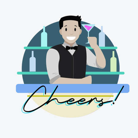 Bartender at the counter with pink drink in handのイラスト素材