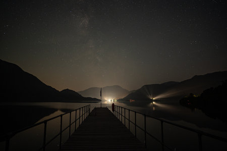 The Milky way at the end of a pier on Ullswater in the English Lake Districtの写真素材