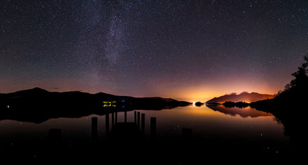 A panoramic nightscape from Ashness Jetty on Derwent water in the Lake Districtの写真素材