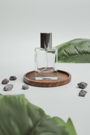Glass perfume bottle on top on wooden placemat with pebbles and leaves