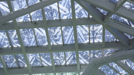 Glass roof of a building covered with snow and ice in winter.の写真素材