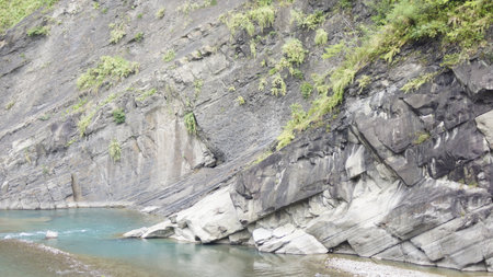 Mountain river flowing through the gorge. Panoramic view.
