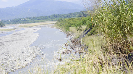 Landscape of the river and the mountains in the north of Thailandの写真素材