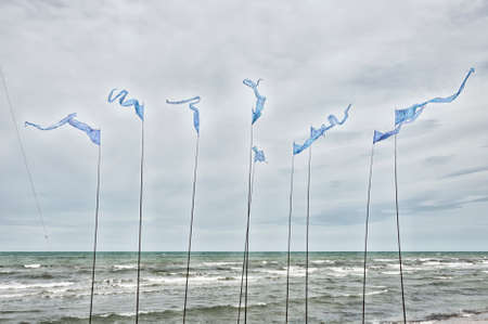 Blue waving flags near the beach Adriatic seaの写真素材