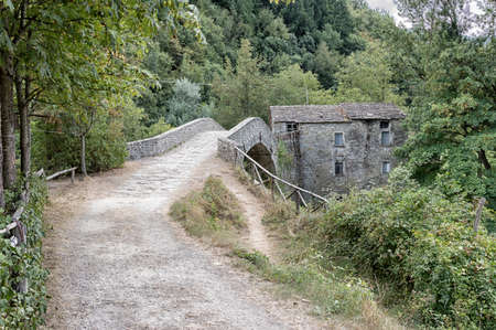 Italy, Tuscany hills, beauty old brick house with deck in the woodland