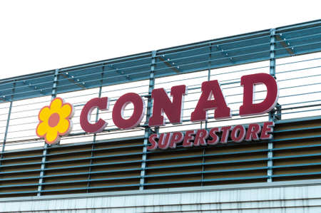 Forli, Italy: 30th October 2016: Conad logo advertising sign outside its retail supermarket stores.のeditorial素材