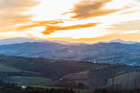 Italy, Bertinoro is a small town placed in Emilia Romagna, located on hill Mount Cesubeo. Here an its sunset.の写真素材
