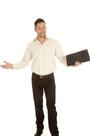 a man with a happy expression on his face holding on to his binder.の写真素材