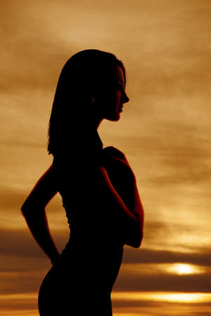 A woman upper body profile in the sunset.の写真素材