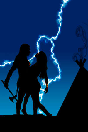 A silhouette of a man holding on to his Indian woman.の写真素材