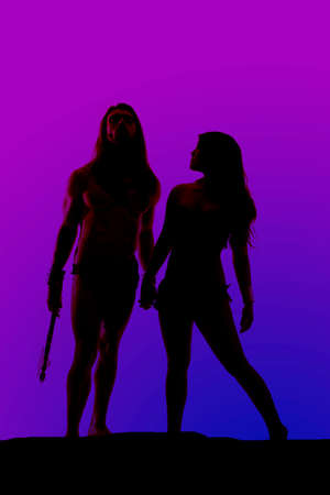 a silhouette of a man holding hands with his woman with a hatched in his hand.の写真素材