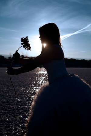 a silhouette of a woman holding on to a flower in her formal dress standing on a frozen lake.の写真素材
