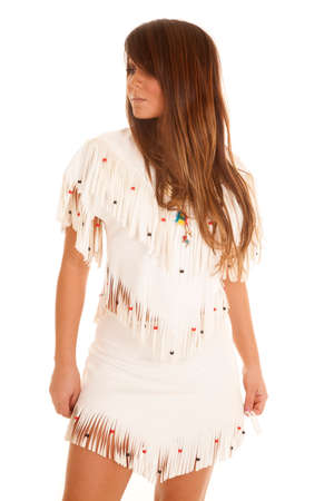 An Indian in her beaded dress looking away from the camera.の写真素材