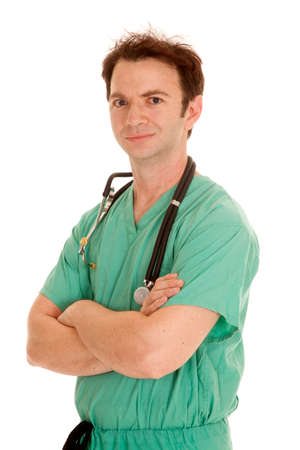A man in green scrubs with a stethoscope around his neck.の写真素材