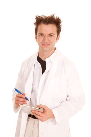 A doctor with crazy hair holding a pen ready to take notes.の写真素材