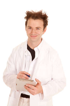 A crazy doctor with a clip board in his hands peaks up.の写真素材