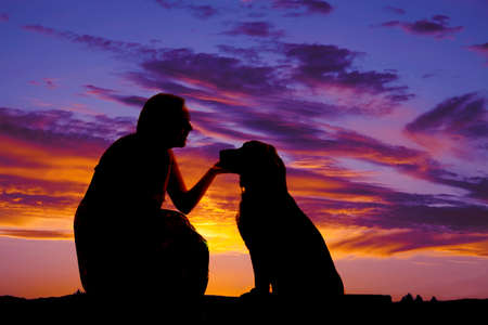 a silhouette of a woman kneeling and talking to her pet dog.の写真素材