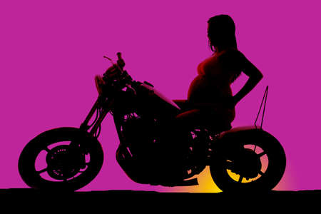 a silhouette of a woman sitting on her motorbike.の写真素材