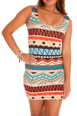 a close up of a woman in her aztec dress.の写真素材