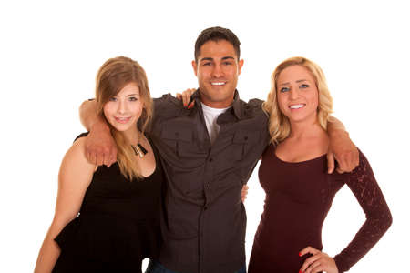 A man with his two ladies under his arm with a smile on their facesの写真素材