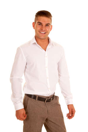 a man in his white dress shirt with a smile on his face.の写真素材