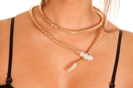 A close up of a woman's neck, she is wearing a snake necklace wrapped around her neck.の写真素材