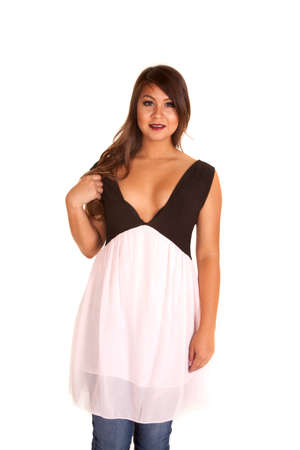 A woma in her black top with a pink sheer bottom.の写真素材