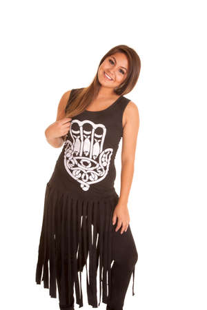 a woman in her long black tank with fringe on the bottom of the tank.の写真素材