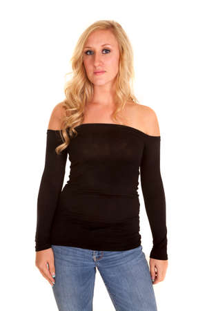 A woman in her black sweater, showing off her shoulders.の写真素材