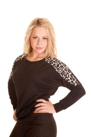 A woman in her black sweater with tiger print.の写真素材