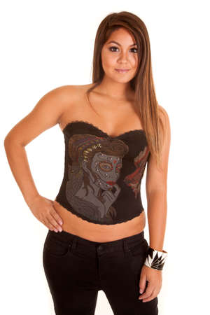 A woman corset tight face on the front of it.の写真素材