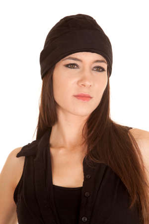 A close up of a woman in a black bandana on her head.の写真素材