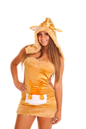 A woman in her Halloween kangaroo costume with a smile on her face.の写真素材