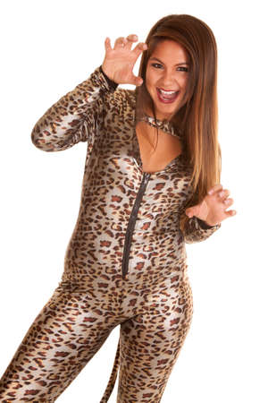 A woman in her leopard costume showing some attitude.の写真素材