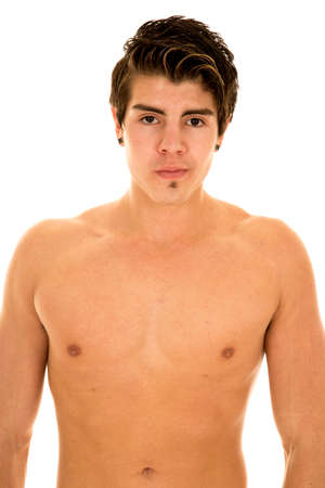 a man with out a shirt on looking showing off his chest.の写真素材