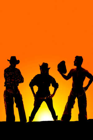 a silhouette of a cowgirl in the middle of two cowboys in the outdoors.の写真素材