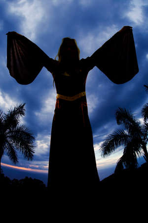 A silhouette of a woman in her medieval dress holding out her arms with a blue sky.の写真素材