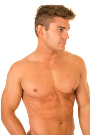 A shirtless man showing off his body, and how fit and healthy he is.の写真素材