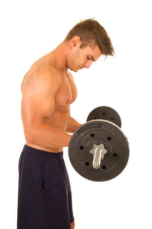A man working out with  a barbell doing a curl.の写真素材