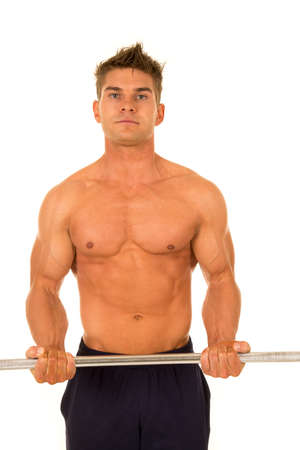 A man using his bar to do a curl.の写真素材