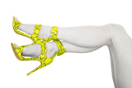 a woman's legs with her yellow snake colored shoes.の写真素材