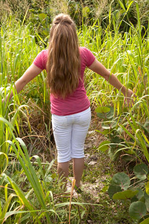 a girl standing in a bunch of green plants with her back to the camera.の写真素材