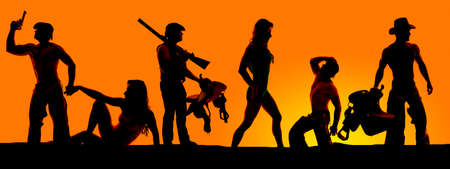 a silhouette of cowboys with his women in a row, with guns and saddle.の写真素材